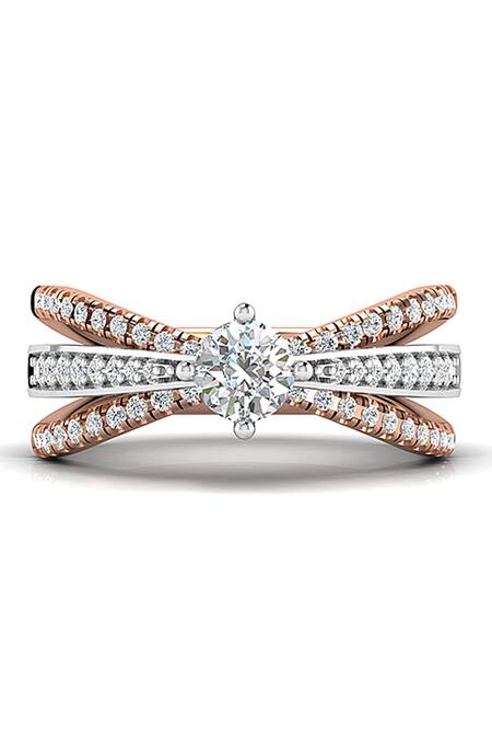 Shop_Divine Solitaires_Rose Gold Imitation Diamonds 18kt Solitaire Two Tone Split Ring_at_Aza_Fashions