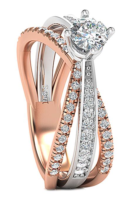 Divine Solitaires_Rose Gold Imitation Diamonds 18kt Solitaire Two Tone Split Ring_Online_at_Aza_Fashions