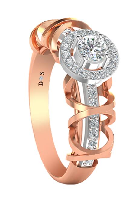 Divine Solitaires_Rose Gold Imitation Diamonds 18kt Solitaire Cross Loop Halo Ring_Online_at_Aza_Fashions