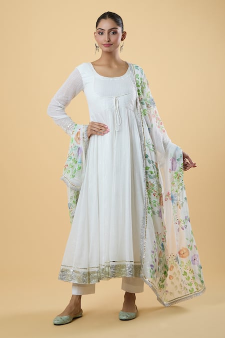 Shop_Samyukta Singhania_White Cotton Gota Patti, Embroidery Round Neck Parina Embellished Anarkali Set 