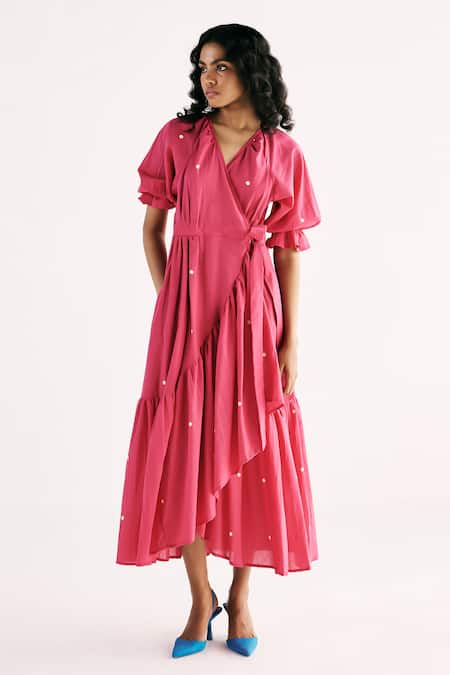 Kharakapas Polka Wrap Ruffle Dress 