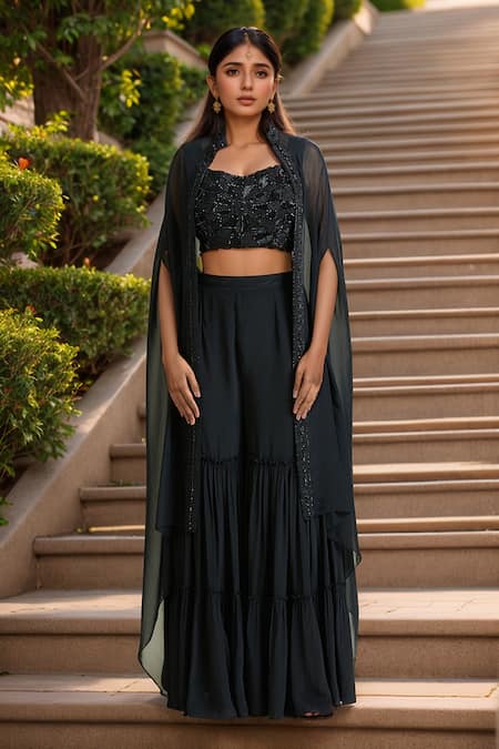 Samyukta Singhania Black Crepe Embellished Bead Cape Mandarin Collar Crystal Border Sharara Set 