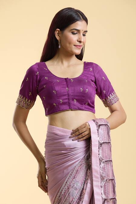 Buy Naintara Bajaj Wine Silk Embroidery Round Neck Plunge Back Blouse Buy_Naintara Bajaj_Wine Silk Embroidery Round Neck Plunge Back Blouse
