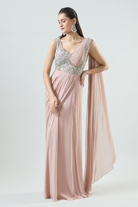 Shop Samyukta Singhania Pink Net, Georgette Sequins, Floral Embellished Bodice Pre-stitched Saree Gown Shop_Samyukta Singhania_Pink Net, Georgette Sequins, Floral Embellished Bodice Pre-stitched Saree Gown