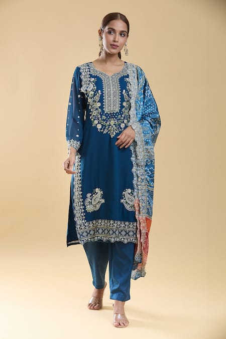 Samyukta Singhania Blue Georgette, Chiffon, Silk Embroidery, Sequins Paisley Floral Kurta Pant Set at Aza Fashions Samyukta Singhania_Blue Georgette, Chiffon, Silk Embroidery, Sequins Paisley Floral Kurta Pant Set _at_Aza_Fashions