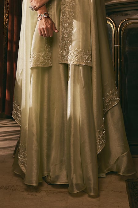 Studio22 By Pulkita Arora Bajaj_Green Organza Pearls, Sequins, Beads Floral Vine Embellished Cape Sharara Set _Online_at_Aza_Fashions