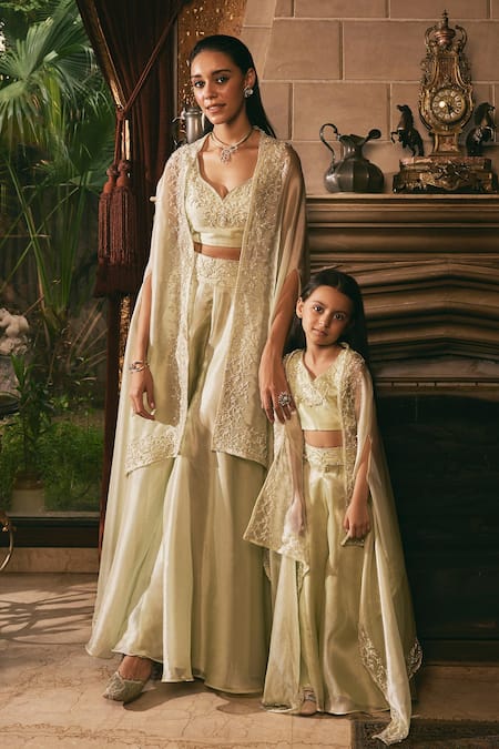 Buy_Studio22 By Pulkita Arora Bajaj_Green Organza Pearls, Sequins, Beads Floral Vine Embellished Cape Sharara Set _Online_at_Aza_Fashions