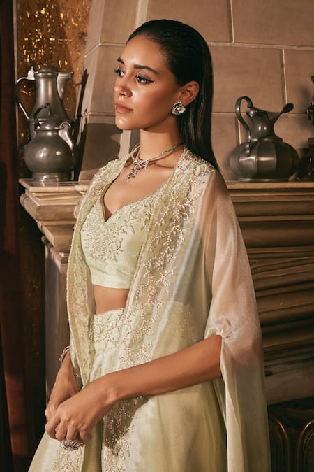 Shop_Studio22 By Pulkita Arora Bajaj_Green Organza Pearls, Sequins, Beads Floral Vine Embellished Cape Sharara Set _Online_at_Aza_Fashions