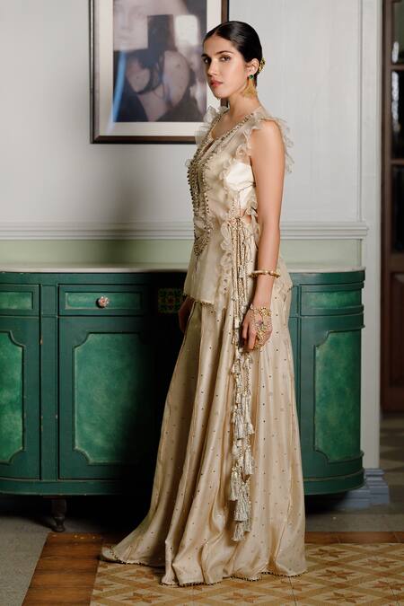 Payal Singhal_Beige Organza, Muslin Fawzia Moon And Star Zari Embroidered Long Bib Sharara Set _Online_at_Aza_Fashions