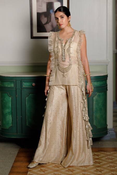 Shop_Payal Singhal_Beige Organza, Muslin Fawzia Moon And Star Zari Embroidered Long Bib Sharara Set _Online_at_Aza_Fashions
