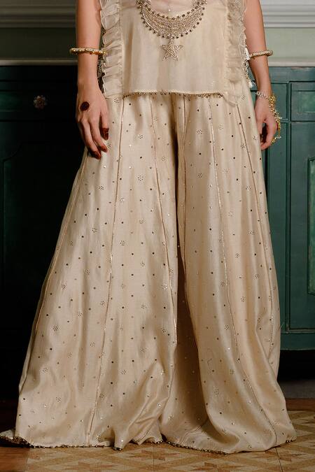 Payal Singhal_Beige Organza, Muslin Fawzia Moon And Star Zari Embroidered Long Bib Sharara Set _at_Aza_Fashions