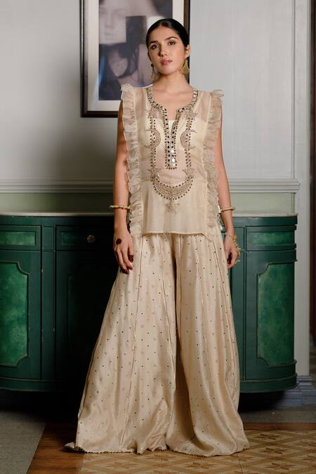 Buy_Payal Singhal_Beige Organza, Muslin Fawzia Moon And Star Zari Embroidered Long Bib Sharara Set 