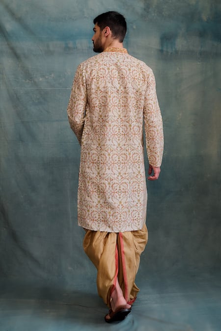 Shop Krishna Mehta Beige Tussar Zari Floral Vine Print Kurta With Dhoti Pant at Aza Fashions Shop_Krishna Mehta_Beige Tussar Zari Floral Vine Print Kurta With Dhoti Pant _at_Aza_Fashions