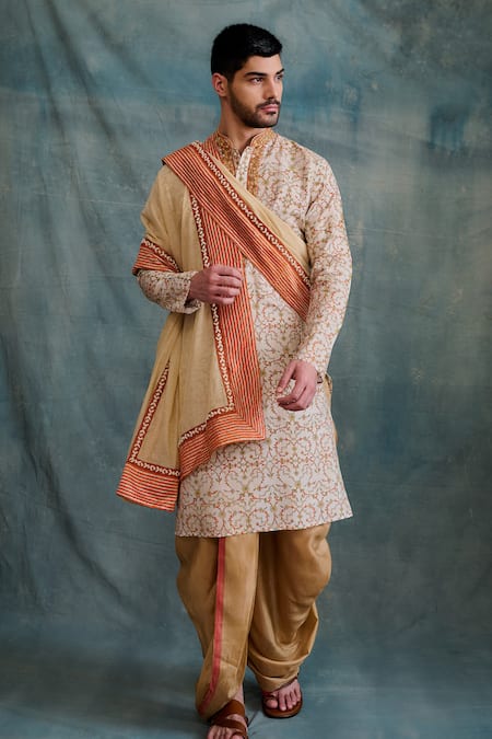 Krishna Mehta Beige Tussar Zari Floral Vine Print Kurta With Dhoti Pant Online at Aza Fashions Krishna Mehta_Beige Tussar Zari Floral Vine Print Kurta With Dhoti Pant _Online_at_Aza_Fashions