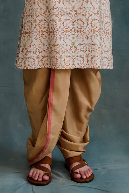 Shop Krishna Mehta Beige Tussar Zari Floral Vine Print Kurta With Dhoti Pant Online at Aza Fashions Shop_Krishna Mehta_Beige Tussar Zari Floral Vine Print Kurta With Dhoti Pant _Online_at_Aza_Fashions