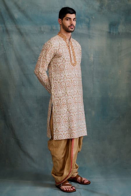 Krishna Mehta Beige Tussar Zari Floral Vine Print Kurta With Dhoti Pant at Aza Fashions Krishna Mehta_Beige Tussar Zari Floral Vine Print Kurta With Dhoti Pant _at_Aza_Fashions