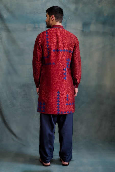 Shop Krishna Mehta Red Tussar Zari, Embroidery Geometric Block Print Kurta With Salwar at Aza Fashions Shop_Krishna Mehta_Red Tussar Zari, Embroidery Geometric Block Print Kurta With Salwar _at_Aza_Fashions