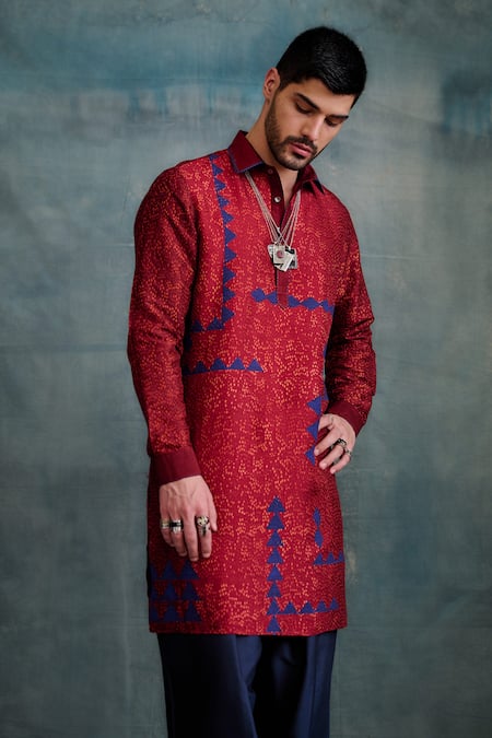 Krishna Mehta Red Tussar Zari, Embroidery Geometric Block Print Kurta With Salwar Online at Aza Fashions Krishna Mehta_Red Tussar Zari, Embroidery Geometric Block Print Kurta With Salwar _Online_at_Aza_Fashions