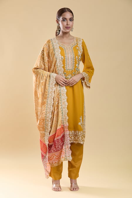 Buy Samyukta Singhania Yellow Georgette, Chiffon, Cotton, Floral Paisley Embroidered Kurta Pant Set Buy_Samyukta Singhania_Yellow Georgette, Chiffon, Cotton, Floral Paisley Embroidered Kurta Pant Set
