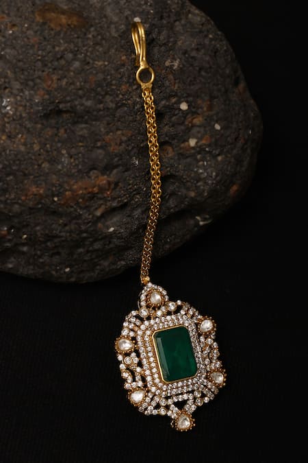 Shop_Ruby Raang_Green Stone Embellished Maangtikka _at_Aza_Fashions