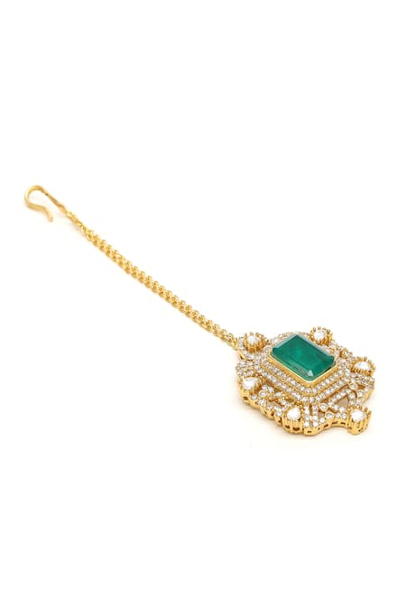 Ruby Raang_Green Stone Embellished Maangtikka _Online_at_Aza_Fashions