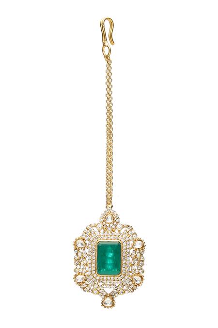 Shop_Ruby Raang_Green Stone Embellished Maangtikka _Online_at_Aza_Fashions