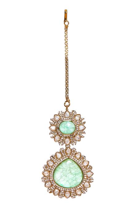 Ruby Raang_Green Semi Precious Stone Embellished Maangtikka _Online_at_Aza_Fashions