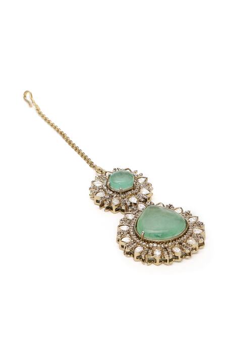 Buy_Ruby Raang_Green Semi Precious Stone Embellished Maangtikka _Online_at_Aza_Fashions