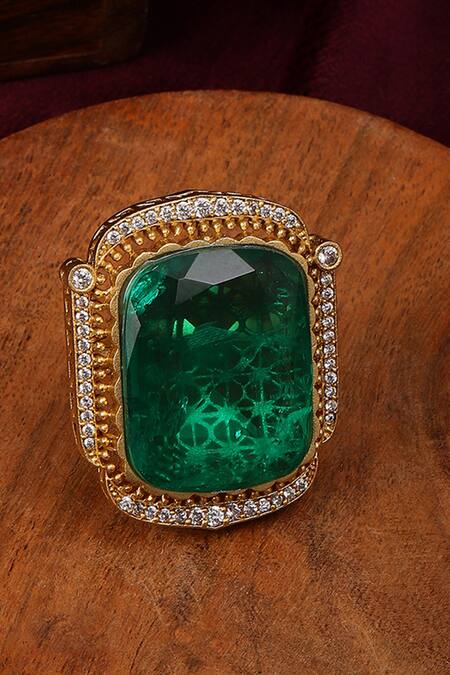 Shop_Ruby Raang_Green Stones, Metallic Thread Embellished Ring _at_Aza_Fashions