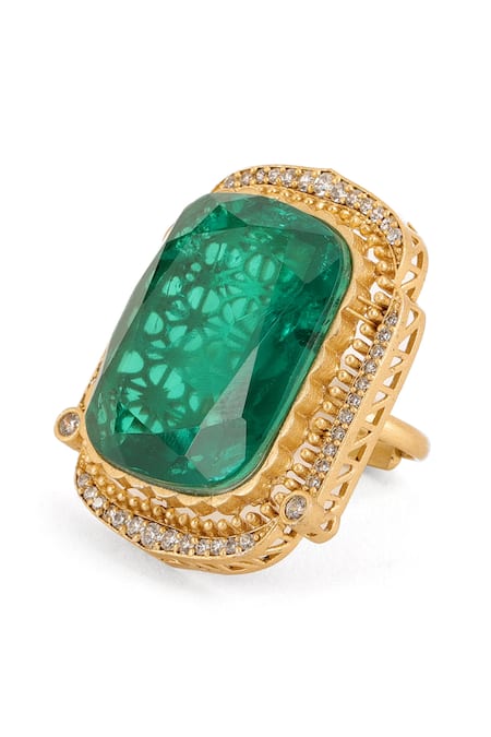 Buy Ruby Raang Green Stones, Metallic Thread Embellished Ring Online at Aza Fashions Buy_Ruby Raang_Green Stones, Metallic Thread Embellished Ring _Online_at_Aza_Fashions