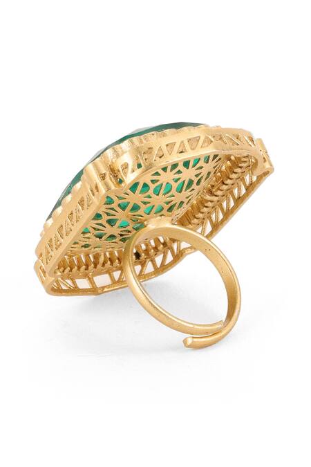 Shop Ruby Raang Green Stones, Metallic Thread Embellished Ring Online at Aza Fashions Shop_Ruby Raang_Green Stones, Metallic Thread Embellished Ring _Online_at_Aza_Fashions