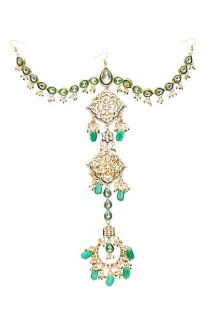 Ruby Raang_Green Beads, Stones Kundan And Embellished Hair Braid _Online_at_Aza_Fashions