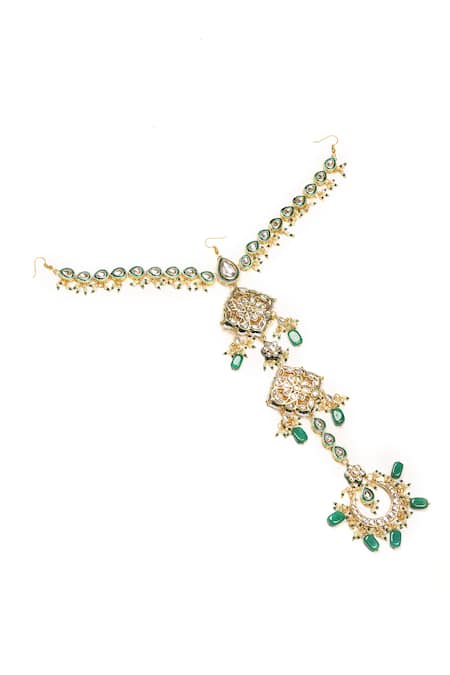 Buy_Ruby Raang_Green Beads, Stones Kundan And Embellished Hair Braid _Online_at_Aza_Fashions