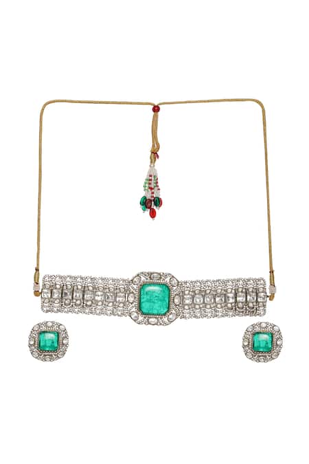 Ruby Raang Green Stones, Diamonds Moissanite Polki Embellished Pendant Choker Set Online at Aza Fashions Ruby Raang_Green Stones, Diamonds Moissanite Polki Embellished Pendant Choker Set _Online_at_Aza_Fashions