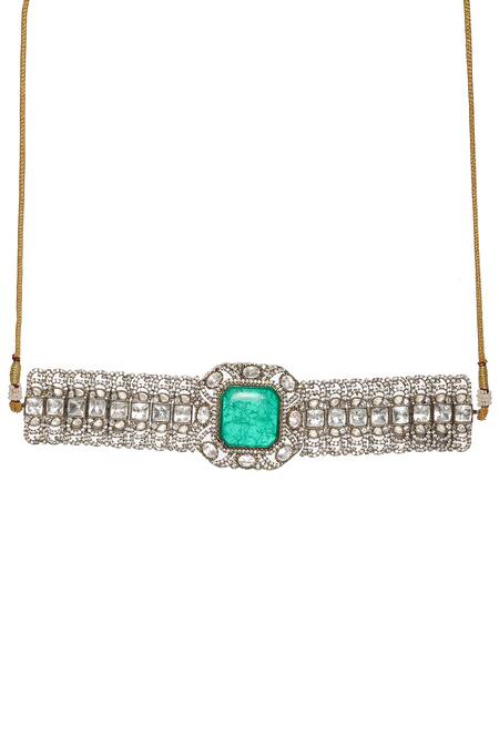 Ruby Raang Green Stones, Diamonds Moissanite Polki Embellished Pendant Choker Set at Aza Fashions Ruby Raang_Green Stones, Diamonds Moissanite Polki Embellished Pendant Choker Set _at_Aza_Fashions