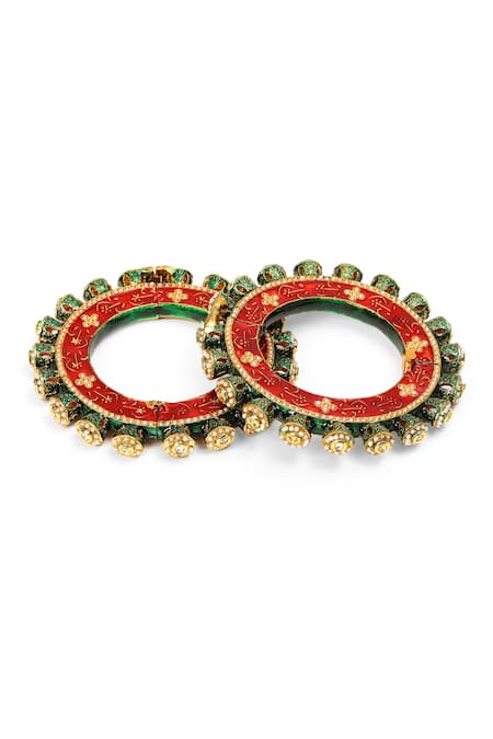 Shop_Ruby Raang_Multi Color Pearls, Stones Meenakari Work Bangles - Set Of 2 _Online_at_Aza_Fashions