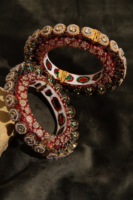 Ruby Raang Meenakari Work Kundan & Pearl Embellished Bangles - Set of 2 