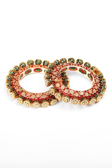 Shop_Ruby Raang_Multi Color Pearls, Meenakari Work Kundan And Embellished Bangles - Set Of 2 _Online_at_Aza_Fashions