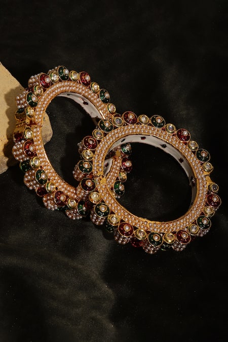 Shop_Ruby Raang_Multi Color Pearls Meenakari Work Embellished Bangles - Set Of 2 _at_Aza_Fashions