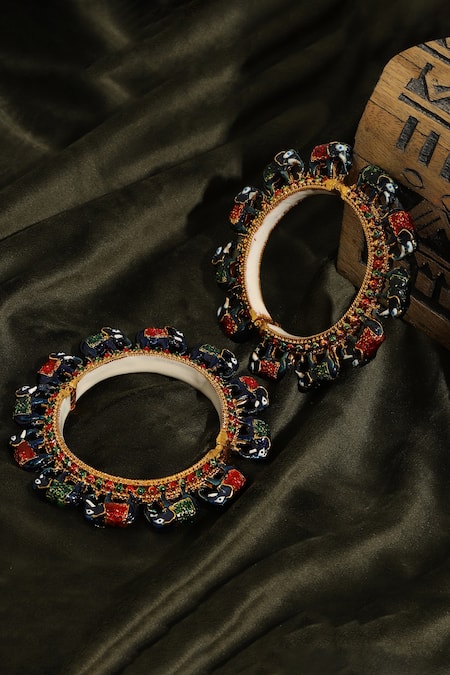 Shop_Ruby Raang_Multi Color Pearls, Zari Elephant Carved Meenakari Bangles - Set Of 2 _at_Aza_Fashions