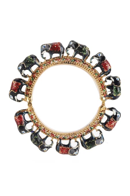 Ruby Raang_Multi Color Pearls, Zari Elephant Carved Meenakari Bangles - Set Of 2 _Online_at_Aza_Fashions