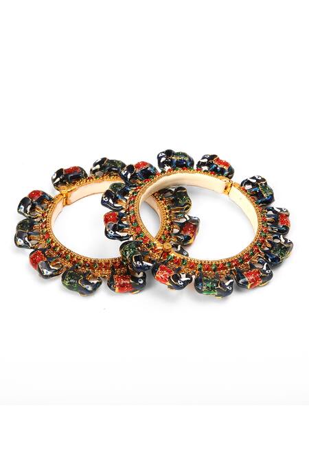 Shop_Ruby Raang_Multi Color Pearls, Zari Elephant Carved Meenakari Bangles - Set Of 2 _Online_at_Aza_Fashions