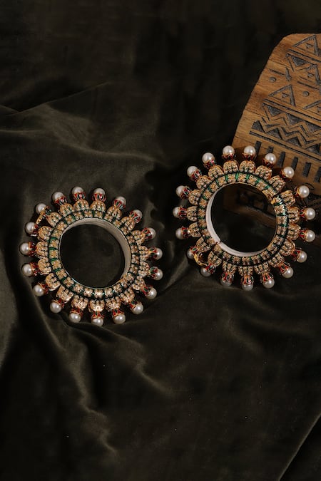 Ruby Raang Gold Toned Pearl Encrusted Meenakari Bangles 