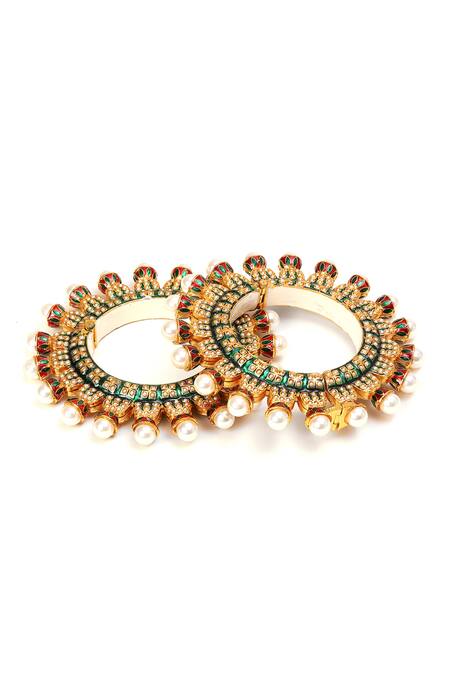 Shop_Ruby Raang_Multi Color Pearls Gold Toned Encrusted Meenakari Bangles _Online_at_Aza_Fashions