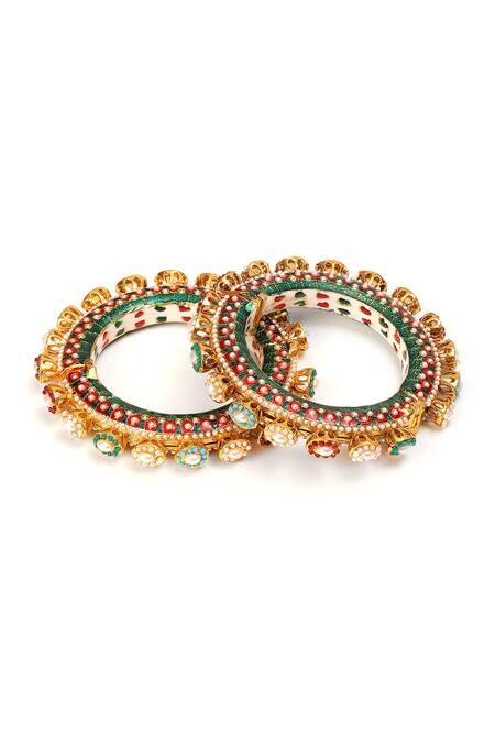 Shop_Ruby Raang_Multi Color Pearls, Beads And Meenakari Work Bangles- Set Of 2 _Online_at_Aza_Fashions