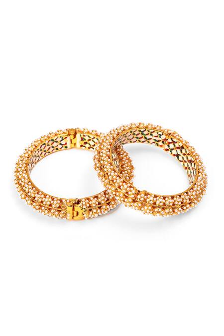 Ruby Raang_White Pearls Embellished Heavy Bangles - Set Of 2 _at_Aza_Fashions