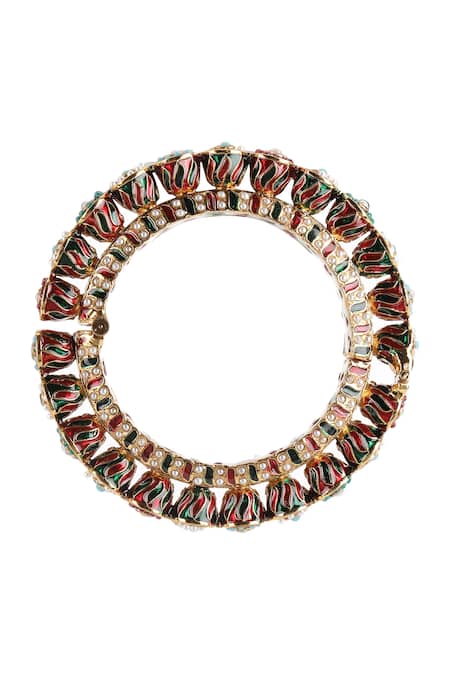 Ruby Raang_Multi Color Metallic Thread, Pearls Meenakari And Embellished Bangles - Set Of 2 _Online_at_Aza_Fashions