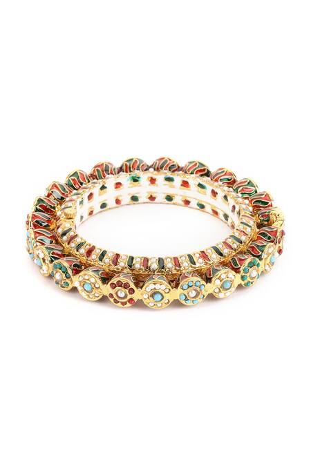Buy_Ruby Raang_Multi Color Metallic Thread, Pearls Meenakari And Embellished Bangles - Set Of 2 _Online_at_Aza_Fashions