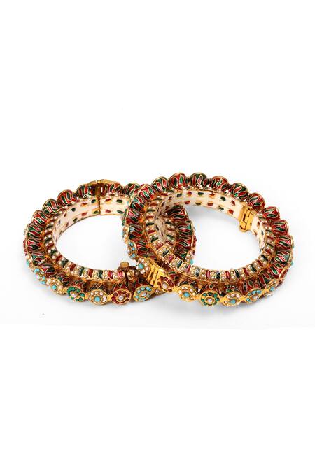 Shop_Ruby Raang_Multi Color Metallic Thread, Pearls Meenakari And Embellished Bangles - Set Of 2 _Online_at_Aza_Fashions