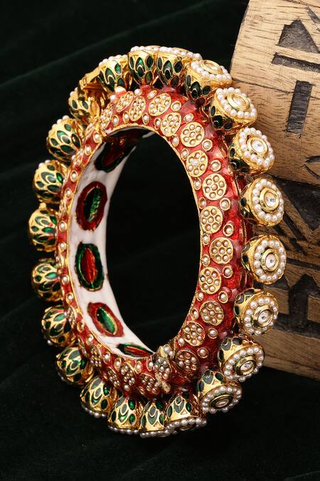 Shop_Ruby Raang_Multi Color Pearls, Diamonds Meenakari Work Embellished Bangle - Single Pc _at_Aza_Fashions